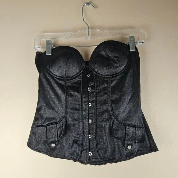 Black Faux Leather Corset Sleeveless Crop Top By Oh Yes Size M - Picture 1 of 7